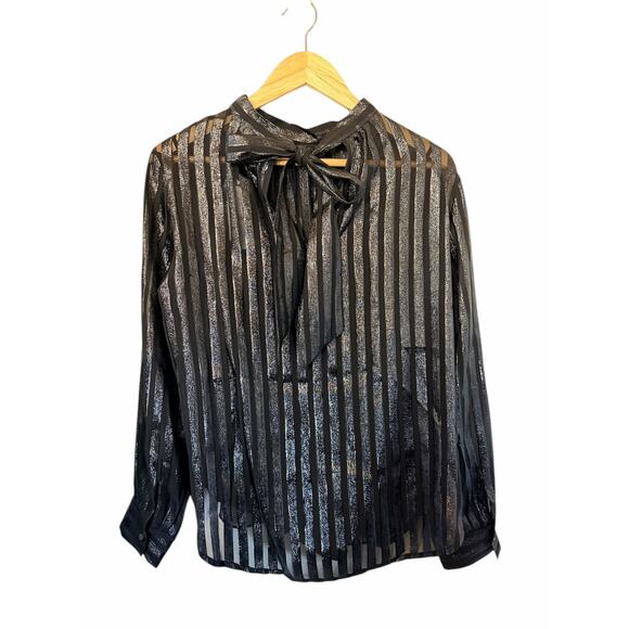 J.Crew Black Metallic Sheer Chiffon Mockneck Top, Bow/Tie Back Blouse Medium NEW - Picture 3 of 6